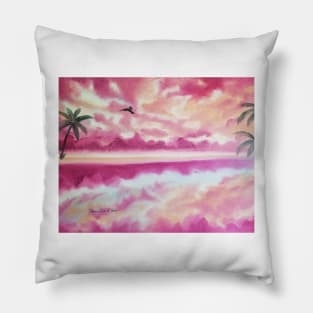 Freedom, Pink Sunset Beach, Pink Sky, Cloudy Sky, Skyscape, Waterscape, Rose Beach, Palms, Palm Trees Pillow