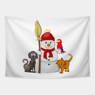 snowman with cat, dog and parrot Tapestry