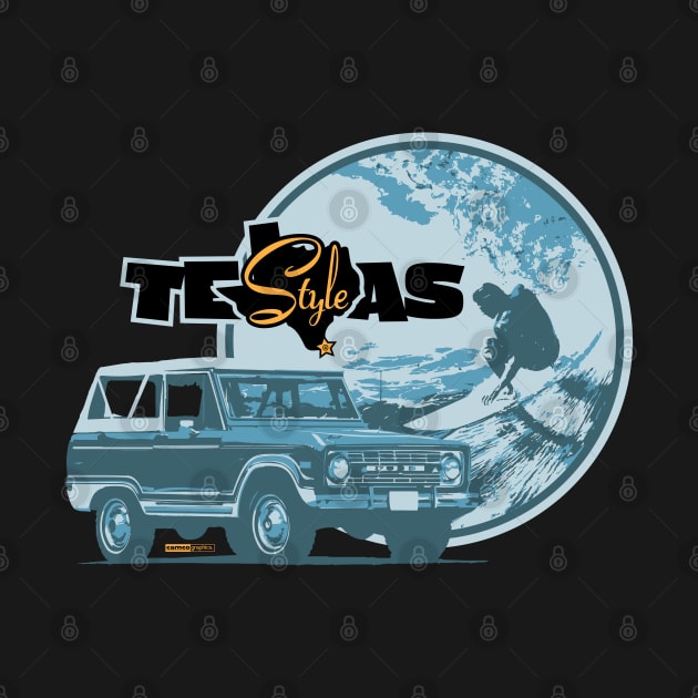 Texas-Style Surfer with Ford Bronco in medium and light blues by CamcoGraphics