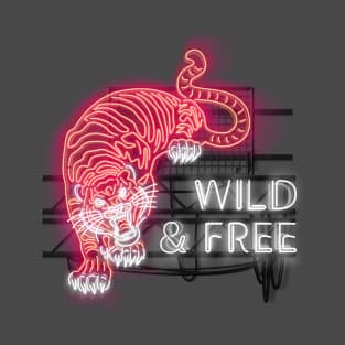 Wild and Free glowing RED Neon Tiger and Text Sign T-Shirt