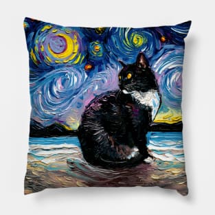 Black Tuxedo Cat Night 2 Pillow