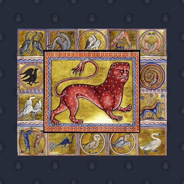 MEDIEVAL BESTIARY,LEOPARD, FANTASTIC ANIMALS IN GOLD RED BLUE COLORS by BulganLumini