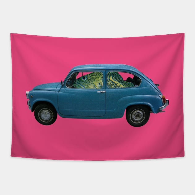 Fish Driving Blue Car Surreal Collage Tapestry by studiogooz