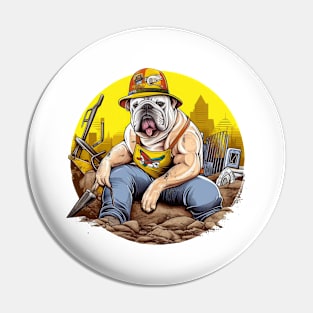 A Carpenter English Bulldog with a tool belt and hard hat, riding a yellow bulldozer and moving dirt Pin