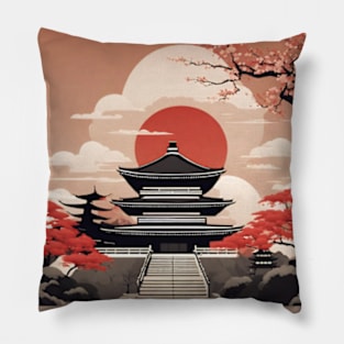 Japanese temple with red sun Pillow