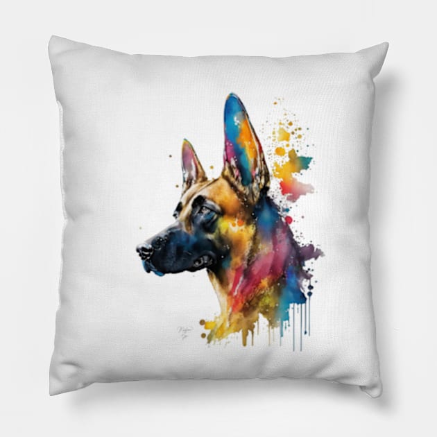 Belgian Malinois Dog In Watercolor & Pen Pillow by Oldetimemercan