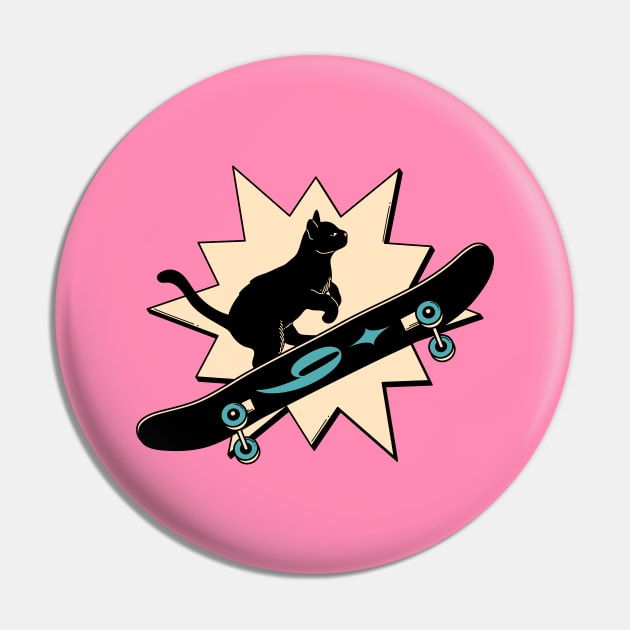 Cool Skater Black Cat in pink Pin by The Charcoal Cat Co.