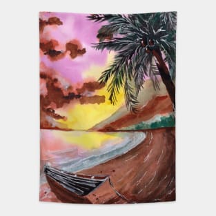 Boat, Beach and Sunset Tapestry