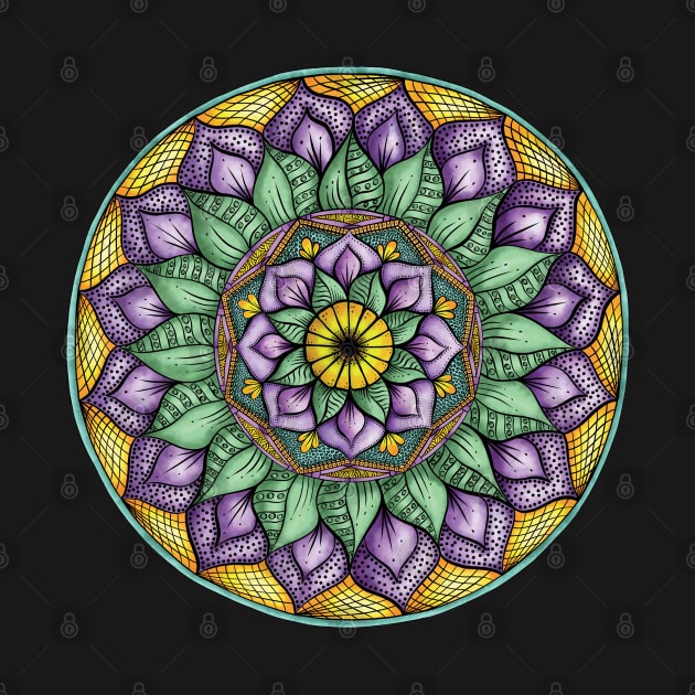 Floral Mandala with Purple Flowers & Green Leaves by karenmcfarland13