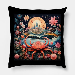 Surrealistic Folk Art Dark Floral Motif Crab Design Pillow