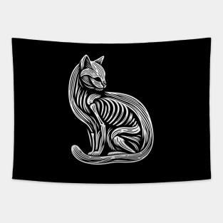 Skeleton Cat: Black and White Elegance Tapestry