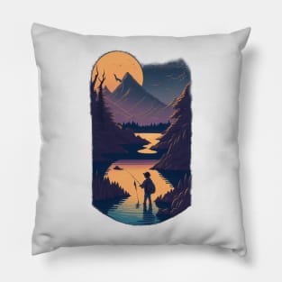 Fishing in a river with a sunset view artwork Pillow