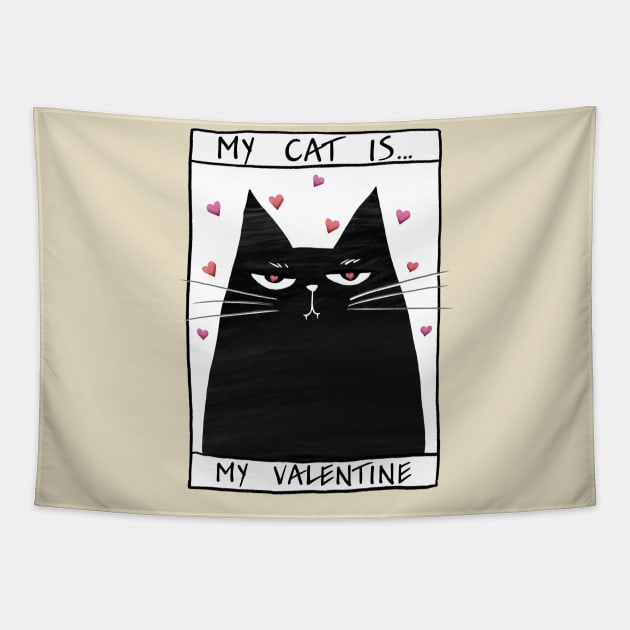 Happy valentines black cat. Cute cat and red hearts. Tapestry by Olena Tyshchenko