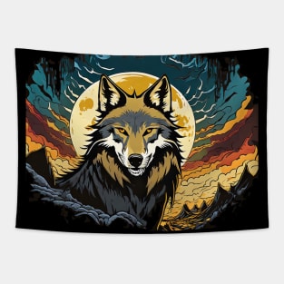 Full Moon Night with a Howling Wolf Vector Tapestry