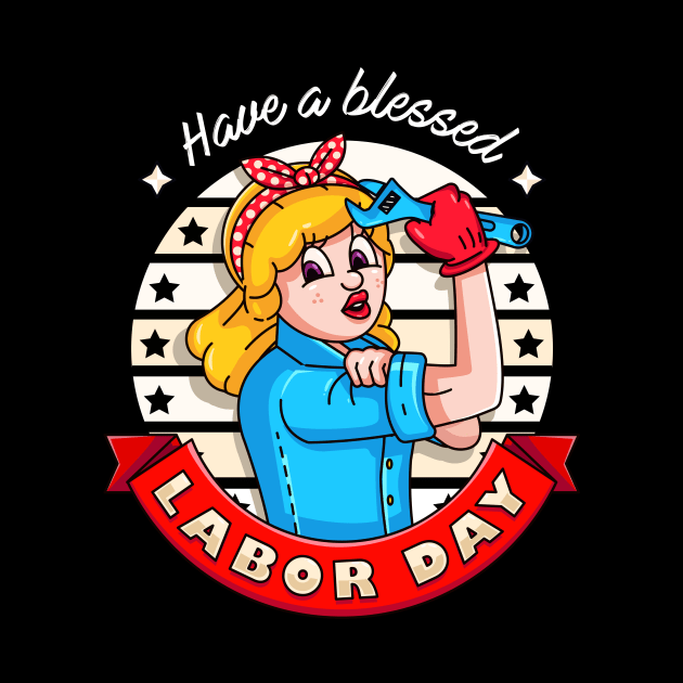 Labor Day. Retro cartoon lady showing off muscles while holding a wrench by Vyndesign