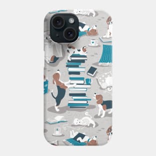 Life is better with books a hot drink and a friend // pattern // grey background brown white and blue beagles and cats and turquoise cozy details Phone Case