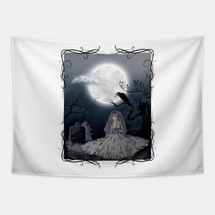 Bride Visits Grave of Her Beloved on Dark Moonlit Night Tapestry