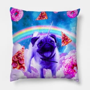 Rainbow Unicorn Pug In The Clouds In Space Pillow