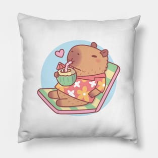 Cute Capybara Chilling With Coconut Drink Pillow