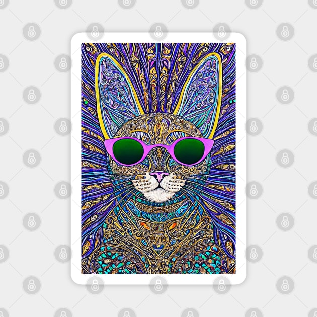 Cosmos Cat Wearing Sunglasses- Fission!!! Magnet by Black Cat Alley