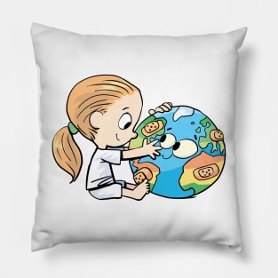 little girl cares for the injured planet earth Pillow