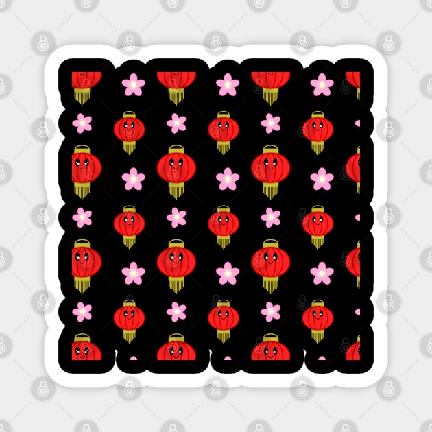 Cute Lantern with Flowers Pattern in Black Background Magnet by Kelly Gigi