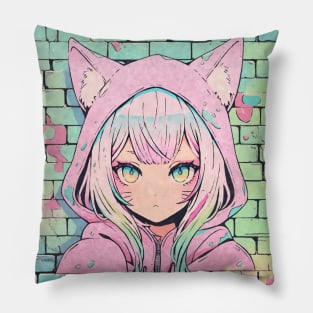 Kawaii Aesthetic Pastel Nekomimi Anime Cat Girl Graffiti Art Style Pillow