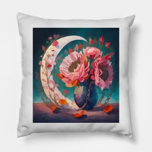 Watercolor flowers with crescent moon Pillow