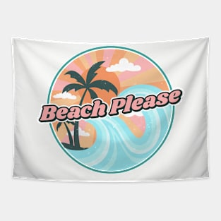 Beach Please Vintage Wave Palm Tree Sunset Tapestry