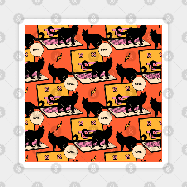 404 Error Laptop Black Cat Pattern in orange Magnet by The Charcoal Cat Co.