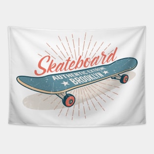 Skateboarding retro emblem with a gray blue skateboard Tapestry