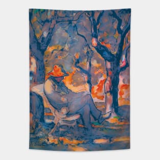 A Man Reading in a Garden Bright Colors  Honore Daumier  an old man under the chestnut trees in the Champs Elysées in Paris France Tapestry