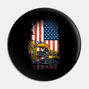 Funny Excavator Heavy Machinery US Flag Pin