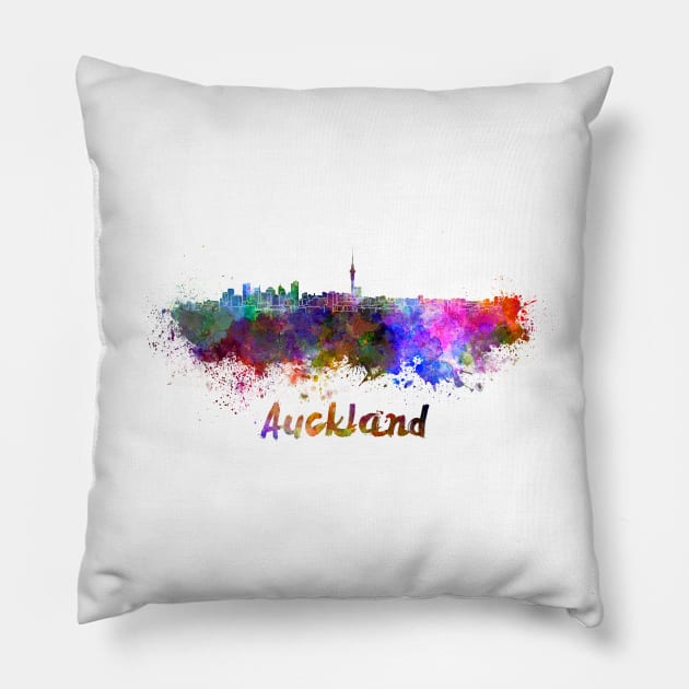 Auckland skyline in watercolor Pillow by PaulrommerArt