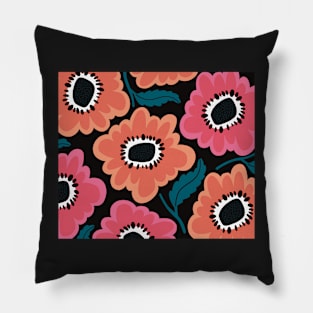 The Happy flowerpower pattern in 1970-style, pink,  black, red , orange, green Pillow