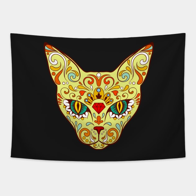 Calavera cat dark green Tapestry by MiRaFoto