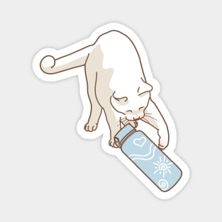 White cat knocking blue water bottle Magnet