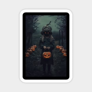 cursed girl with scary eyes and pumpkin, halloween design Magnet