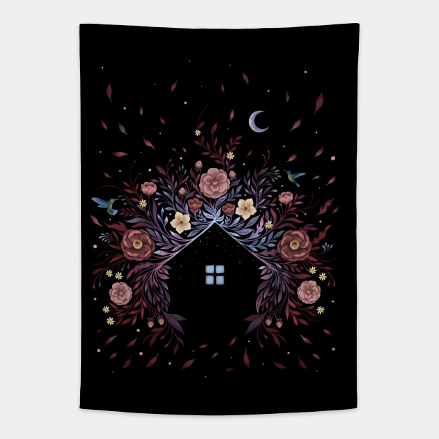 Tiny House - Windy Night Tapestry by Episodic Drawing