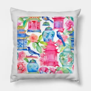 Pagodas, birds and chinoiserie jars in preppy colors Pillow