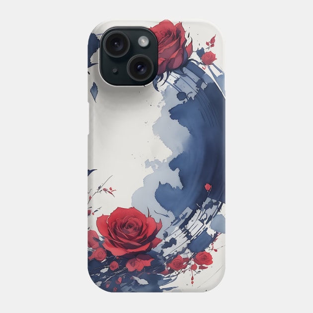 Red Roses and Paint Japanese Ink Painting Phone Case by craftydesigns