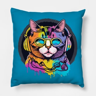 t-shirt design, colorful cat with headphones on, graffiti art psychedelic art, black background, synthwave, colorful Pillow