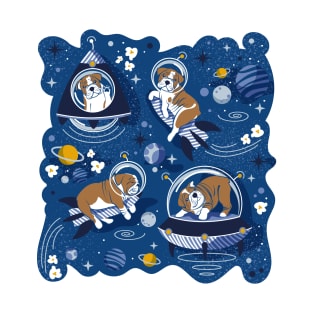 Intergalactic doggie dreams // spot illustration // classic blue background white and bronze English Bulldogs goldenrod yellow denim and pastel blue planets and space ships T-Shirt