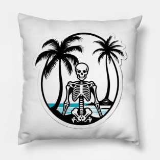 skeleton, beach, surf, palm tree and waves. Pillow