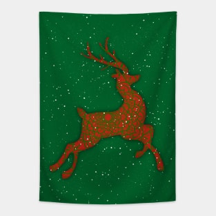 Red Flying Reindeer Mandala in the Green Sky Tapestry