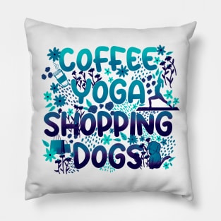 Coffee Yoga Shopping Dogs in Blue Pillow