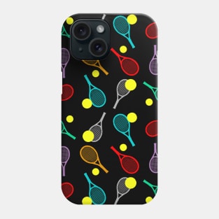 Colorful Tennis Seamless Pattern - Racket & Ball on Black Background Phone Case