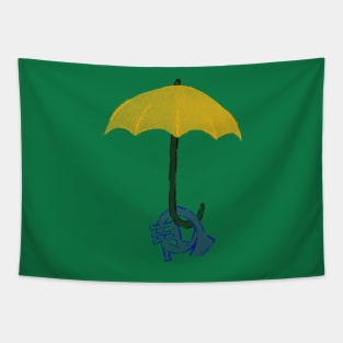 Yellow umbrella and blue horn - green Tapestry