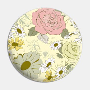 Vintage Floral Design: Hand-Drawn Daisies and Roses on a Pale Yellow Canvas. Pin