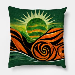 Bold, dramatic image of a green sun rising up from between orange and black mountains. Pillow